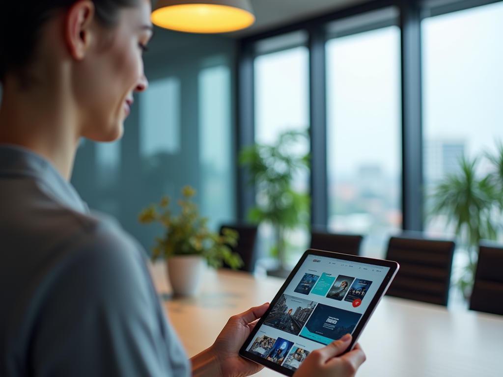 Woman in a modern office browsing a digital tablet with blue interface.