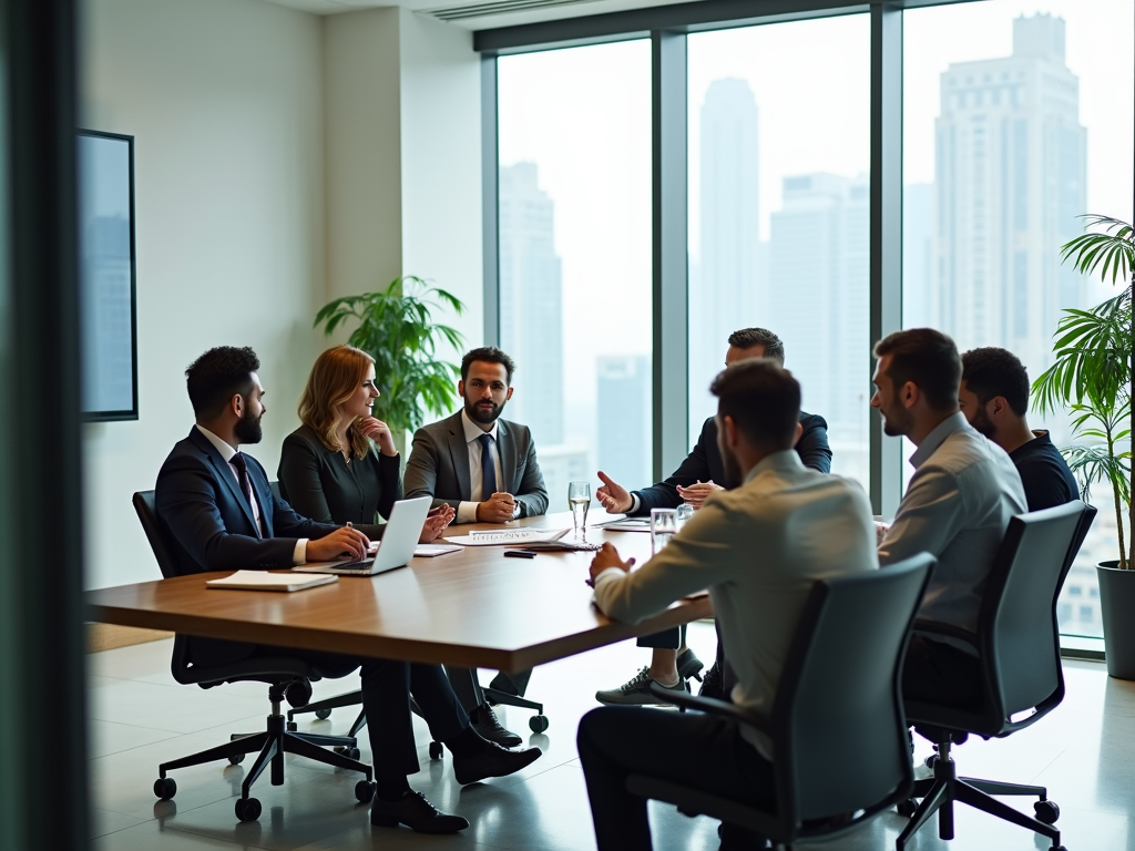 Business professionals in a meeting at a conference table with a city view.