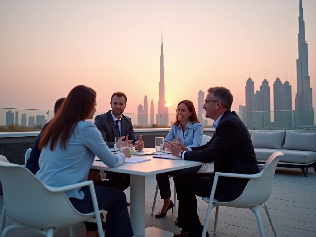 Four business professionals discussing at a rooftop table during sunset with a city skyline.