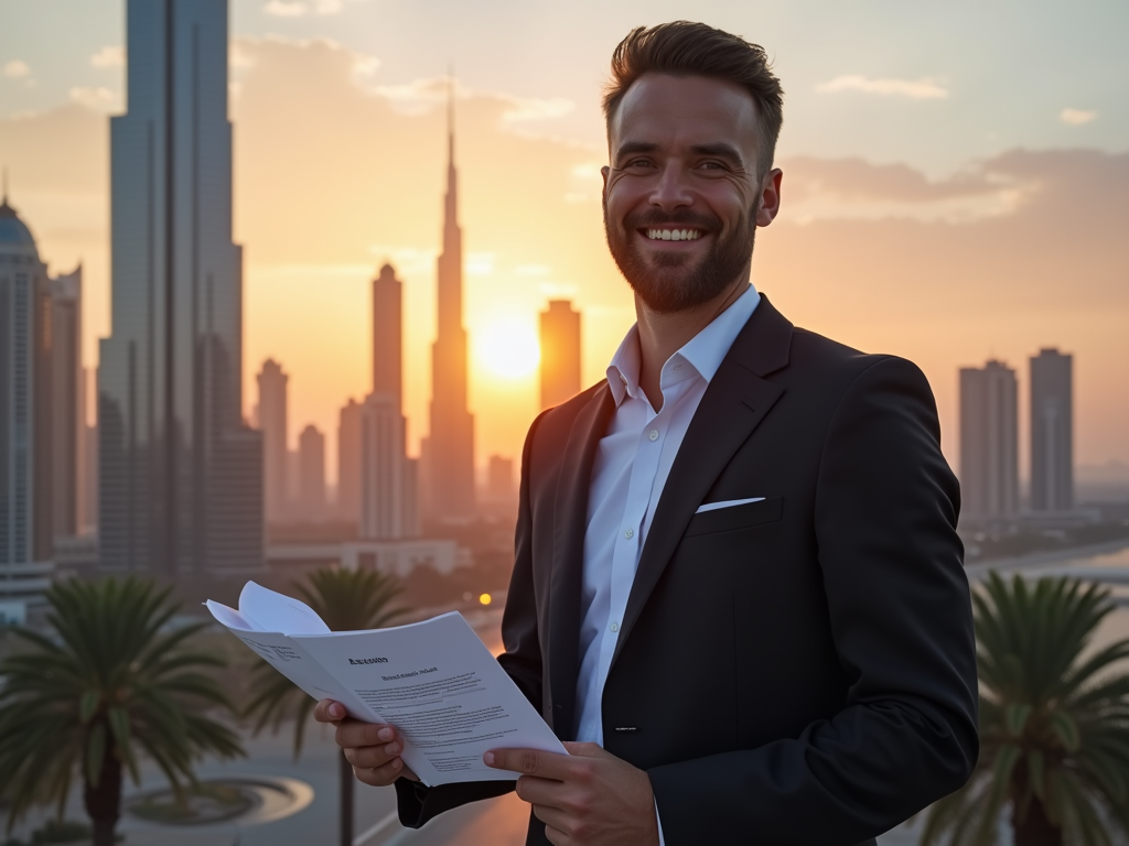 Smiling man in suit holding papers with a city skyline at sunset in the background.