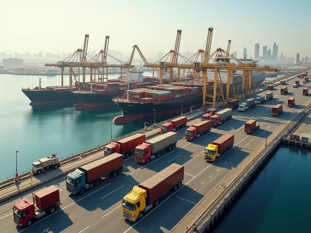 Cargo ships docked at a busy port with trucks and cranes, with a city skyline in the background.