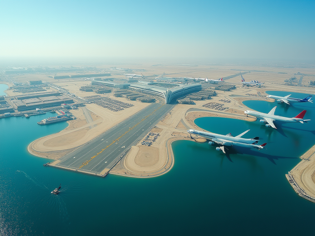 Aerial view of an airport terminal with planes parked and taxiing near ocean water.