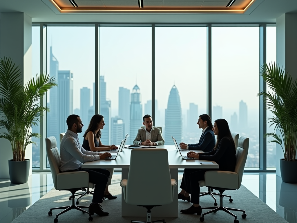 Five professionals in a boardroom meeting with a cityscape background.