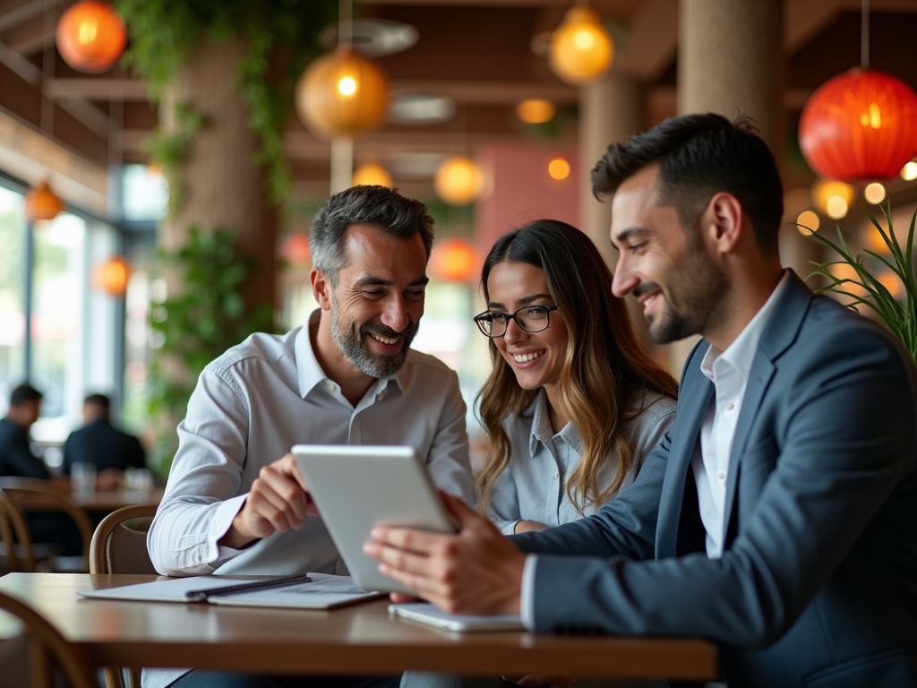 Three professionals happily viewing a tablet in a well-lit café with hanging lanterns.