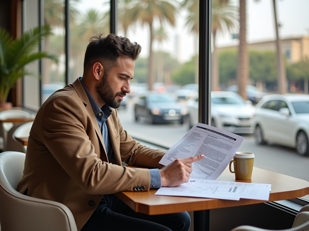 Man in a café reviewing documents with coffee on table, with street view.