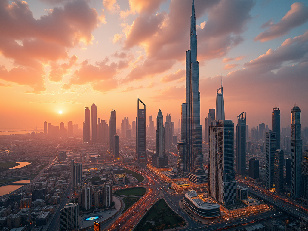 Sunset over Dubai's skyline with prominent skyscrapers and bustling city traffic.