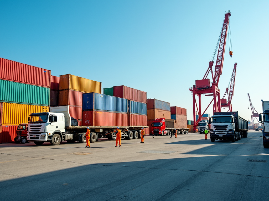 Workers and trucks near colorful shipping containers at a busy port with cranes.