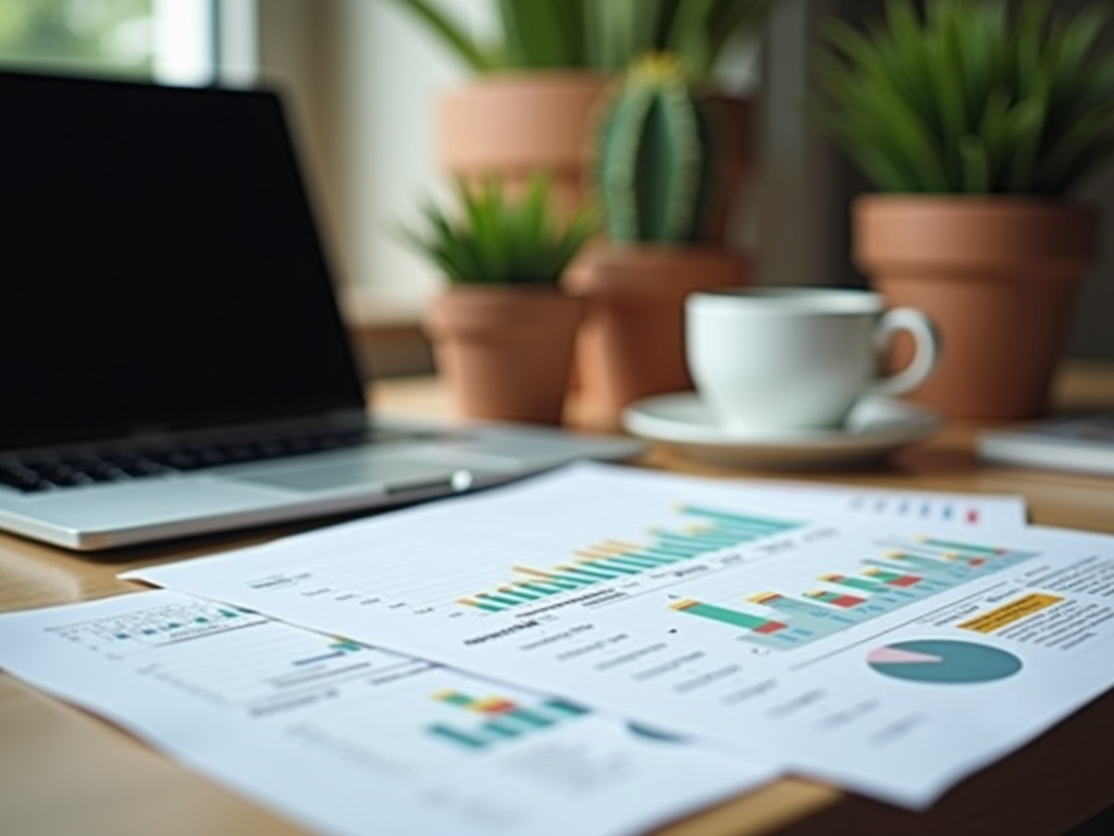 Work desk with laptop, financial charts, coffee cup, and indoor plants in a bright setting.