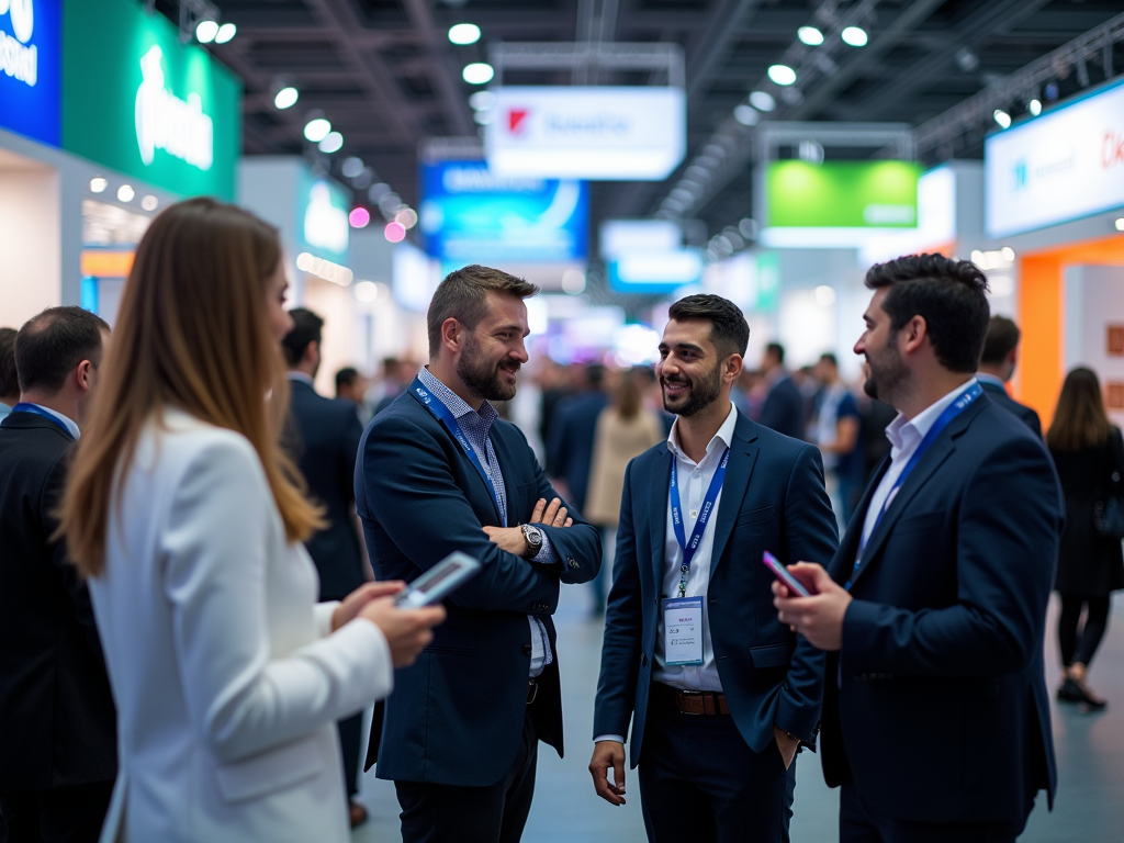 Professionals networking at a busy trade show with visible company logos and displays in the background.