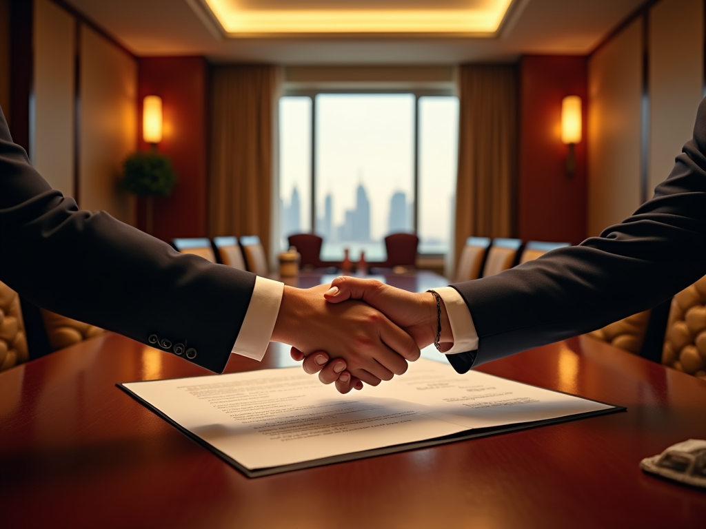 Two people shaking hands over a contract in an office with city skyline view.