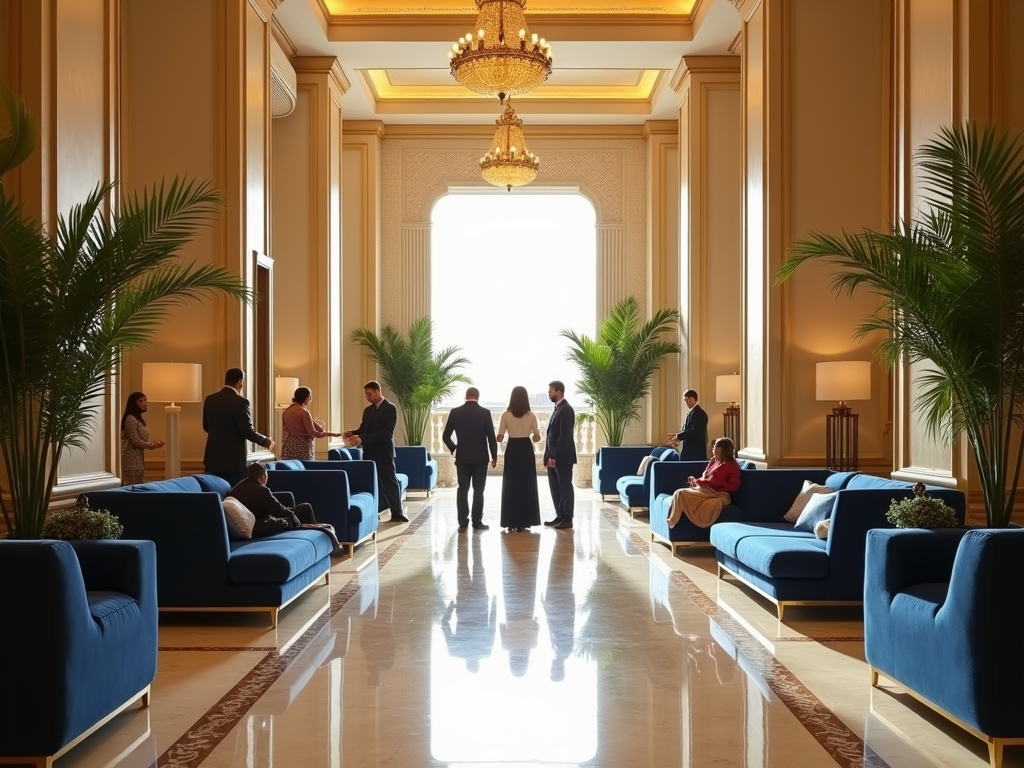 Elegant hotel lobby with guests in conversation, blue sofas, and grand chandeliers, framed by tall columns.