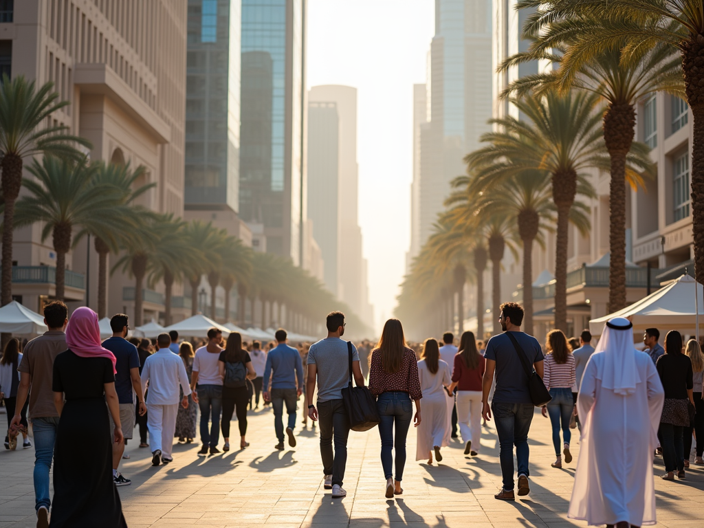 Crowd of people walking along a palm-lined street with modern skyscrapers in a sunny, hazy city.