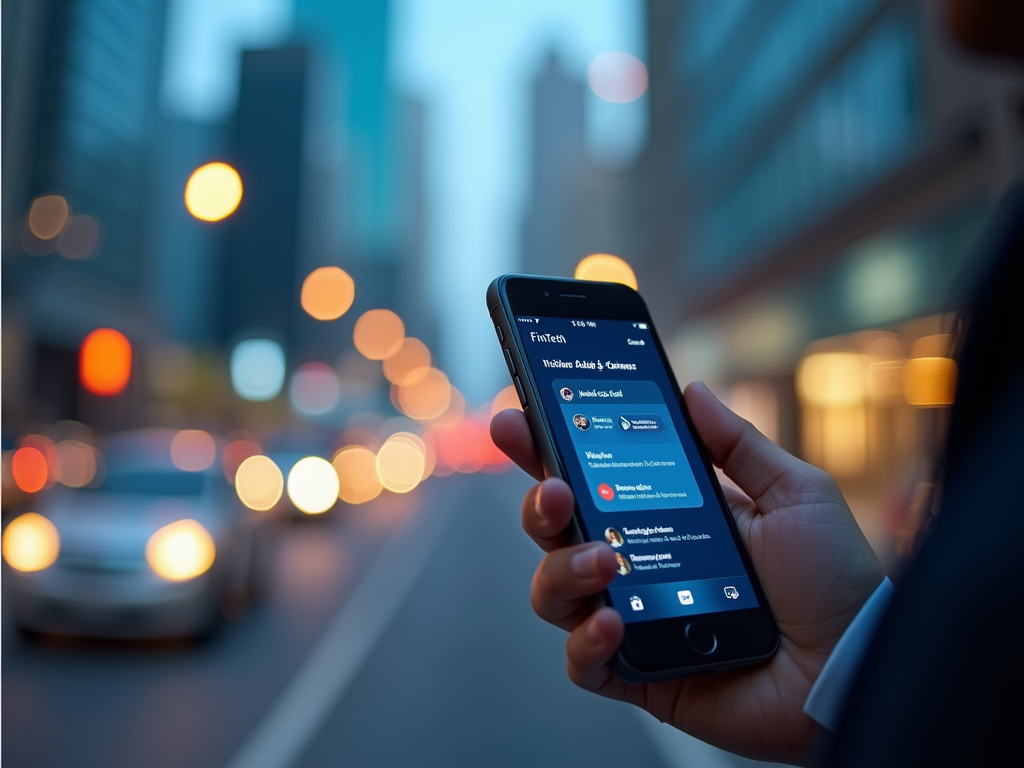 Person using a smartphone with financial app open, city street lights blurred in the background.