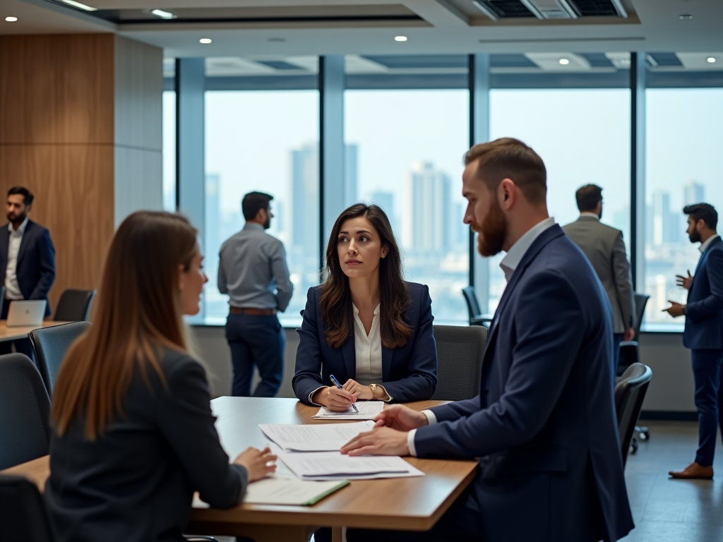 Three professionals in a meeting with cityscape background, discussing papers at a table.