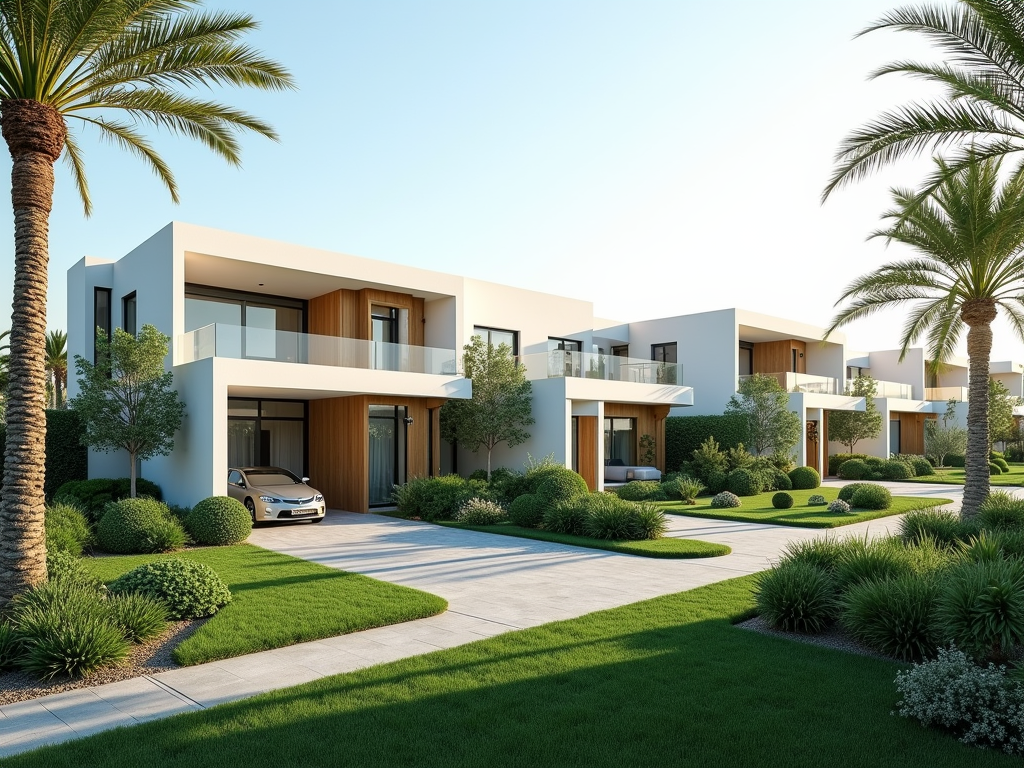 Modern luxury villas with palm trees, landscaped gardens, and a clear sky.