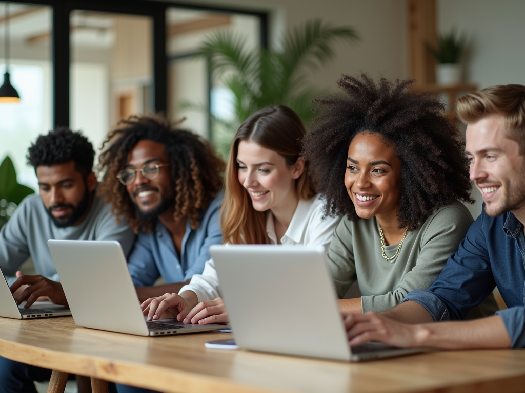 Group of four diverse colleagues smiling and engaged in work on laptops in a modern office setting.