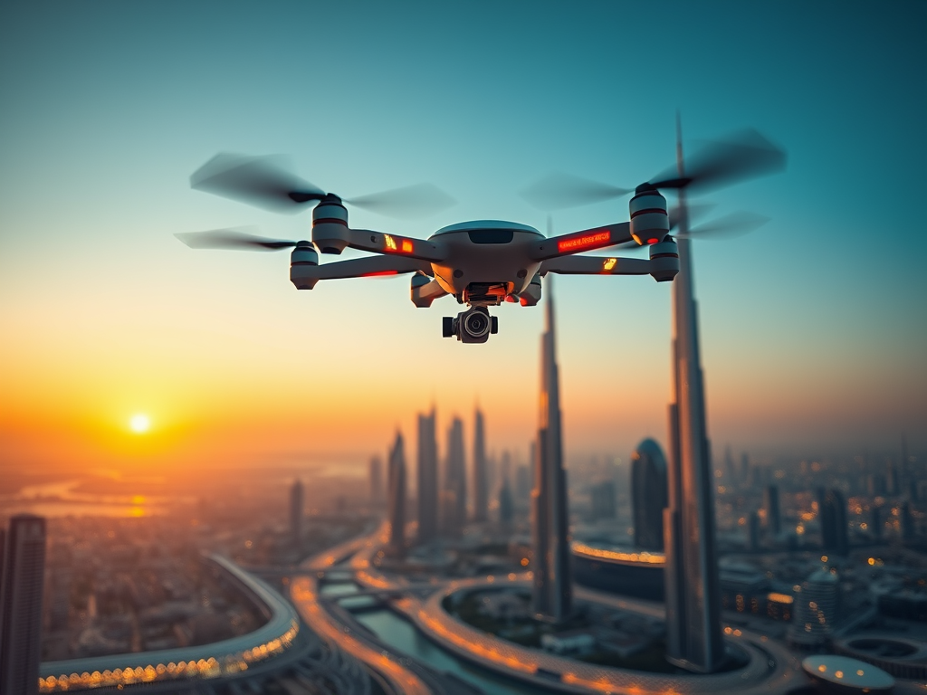 A drone hovers over a city skyline at sunset, capturing vibrant colors and silhouettes of skyscrapers.