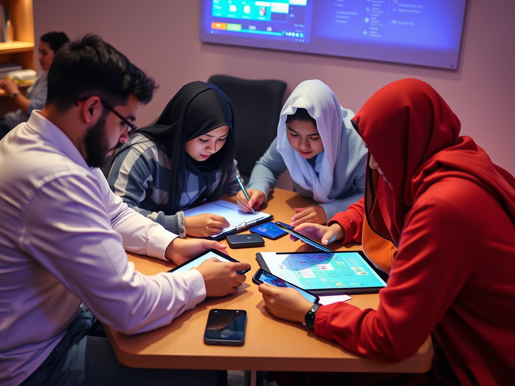 A group of young adults collaborate at a table, using tablets and phones, focused on a digital project.