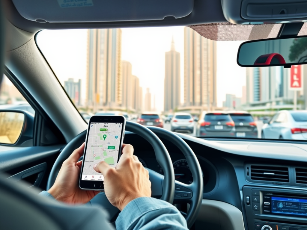 A driver holds a smartphone displaying a map while navigating through heavy traffic in a city.