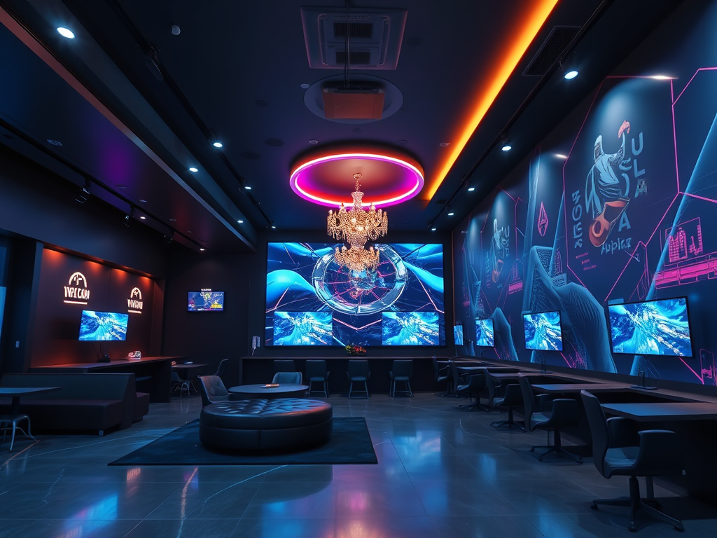 A modern lounge with dark walls, colorful lighting, screens displaying digital art, and a chandelier centerpiece.