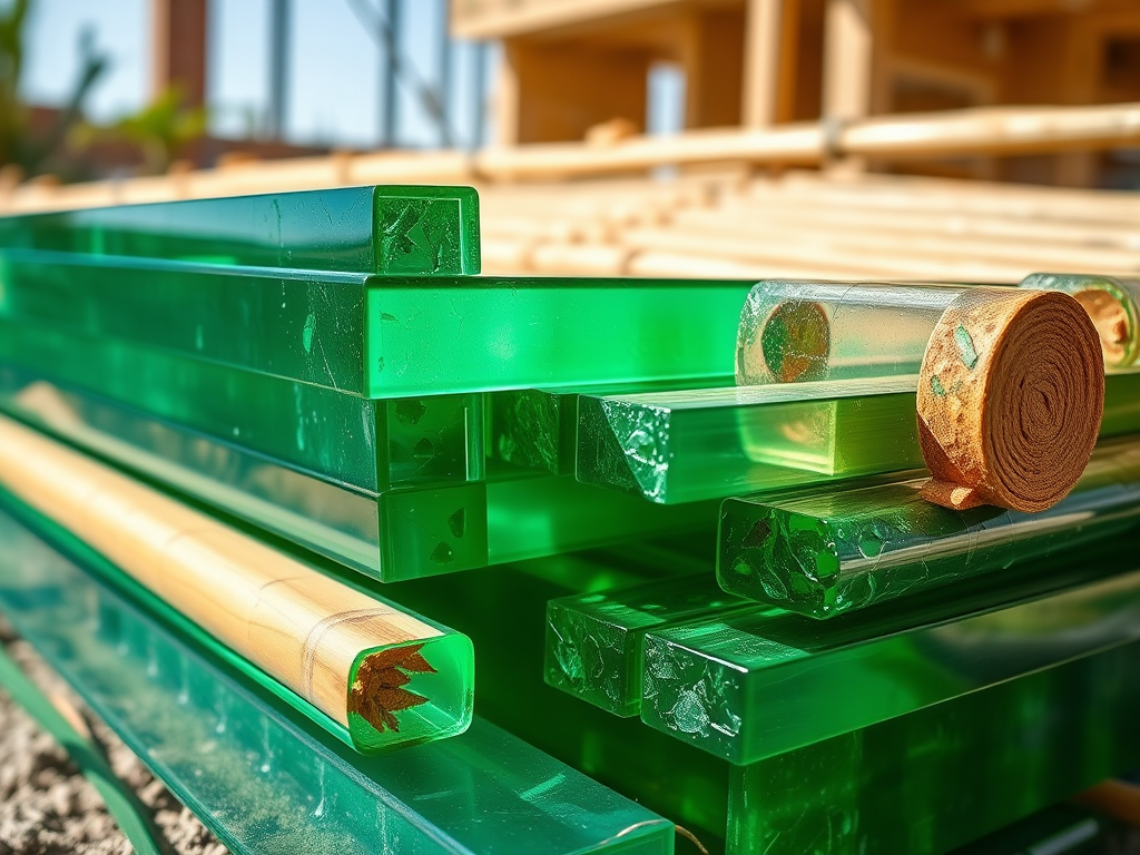 A pile of green transparent blocks and a rolled brown tape, with blurred construction materials in the background.