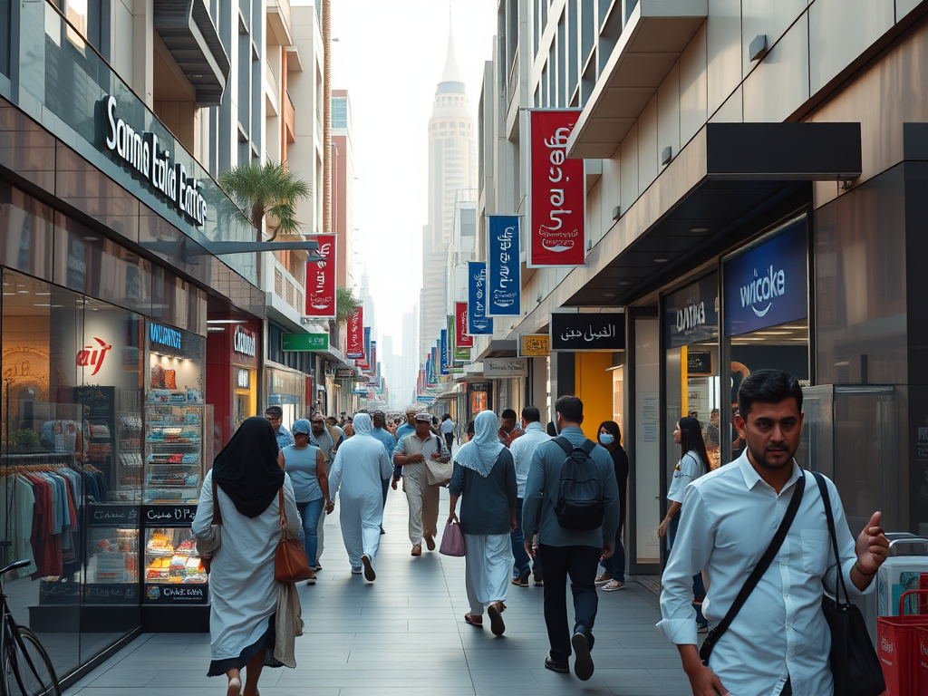 A bustling city street lined with shops, featuring diverse pedestrians in modern attire and a sunny skyline in the background.