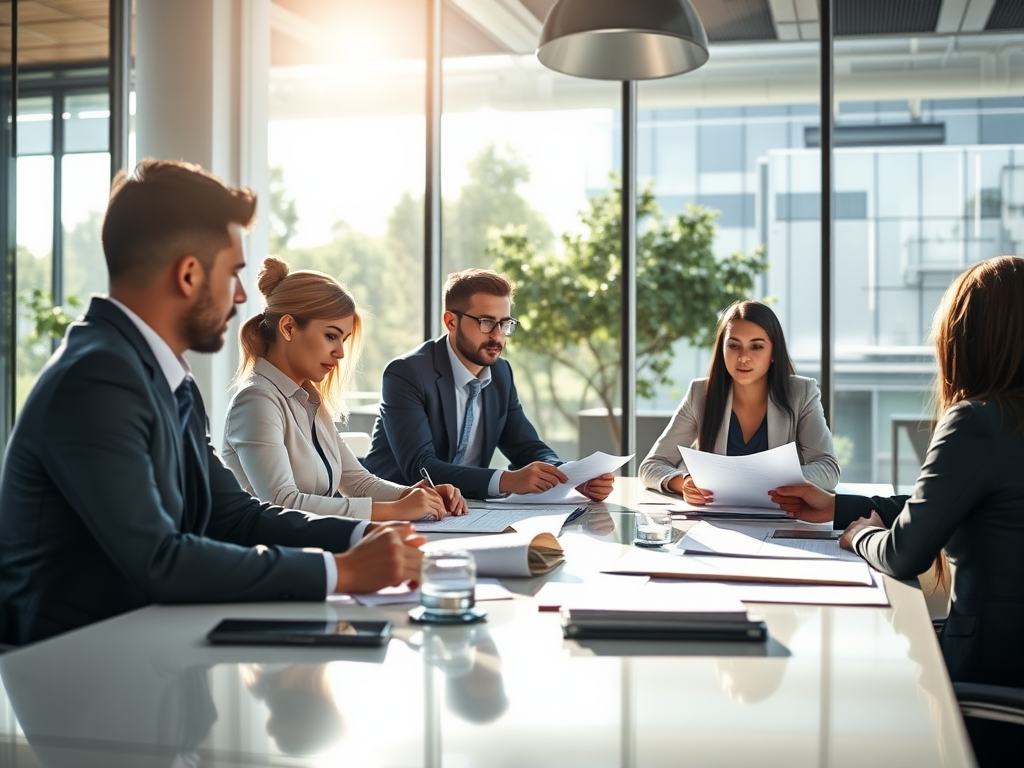 A group of business professionals engaged in a meeting, reviewing documents at a modern office table.