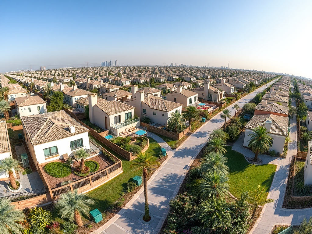 Aerial view of a suburban neighborhood with numerous houses, palm trees, and wide pathways under a clear blue sky.