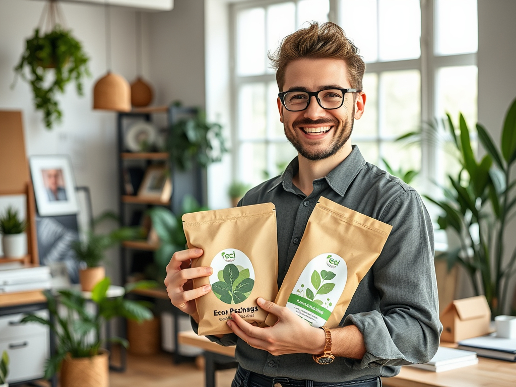 A smiling young man holds two eco-friendly product bags in a bright, green-filled workspace.