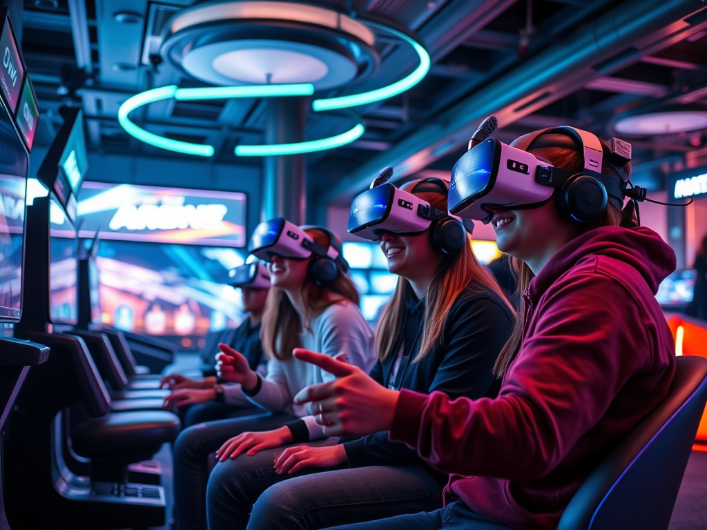 Four women are enjoying a virtual reality gaming experience, wearing headsets and smiling in a vibrant entertainment setting.