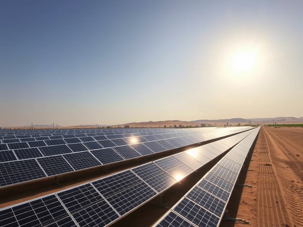 A solar panel field stretches towards the horizon under a clear sky with a sun shining brightly.