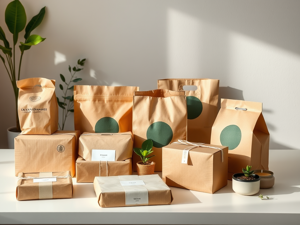 A collection of rustic packages and bags in light brown with green circular designs, arranged on a table with plants.