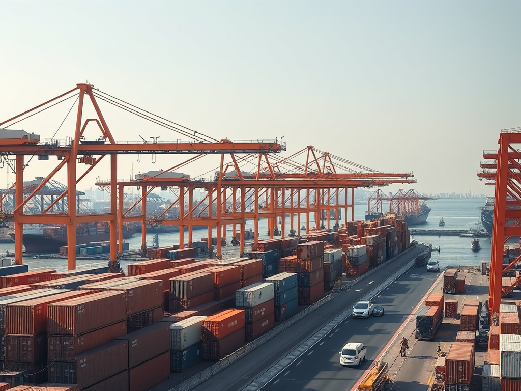 A busy port with orange cranes, stacked containers, and cars on the road alongside the waterfront.