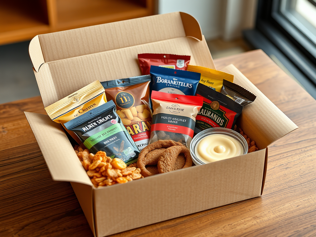 A kraft box filled with assorted snacks, chips, and a small bowl of dip, displayed on a wooden table.