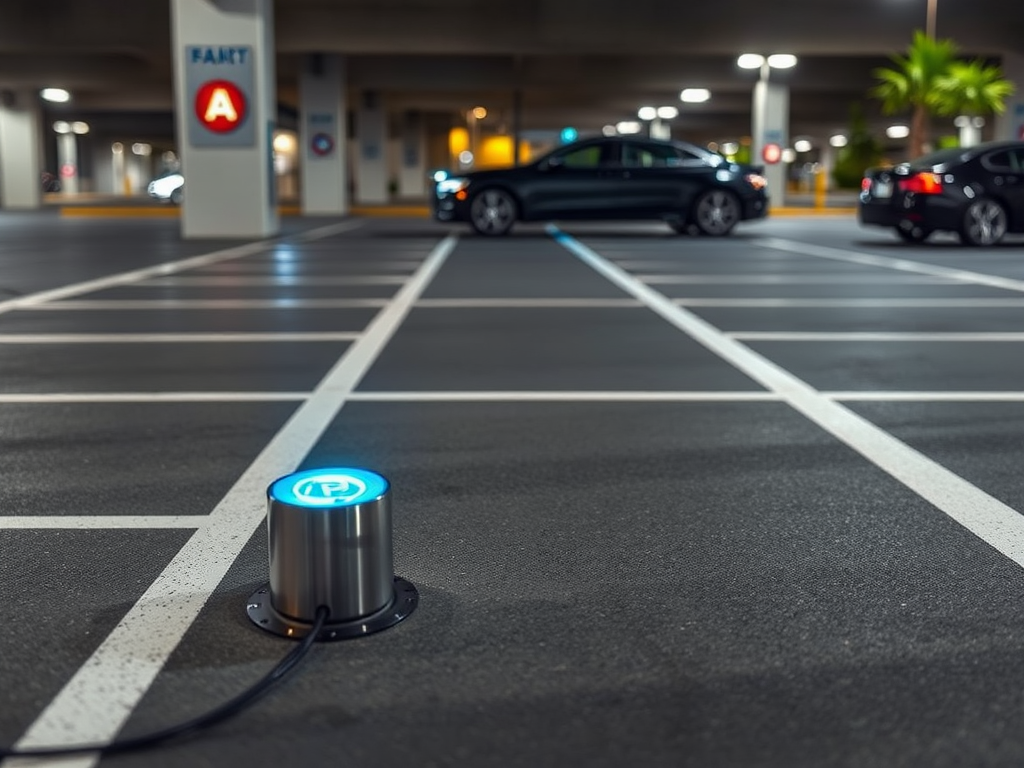 A lit blue parking sensor in an empty parking lot with cars parked in the background under artificial lights.