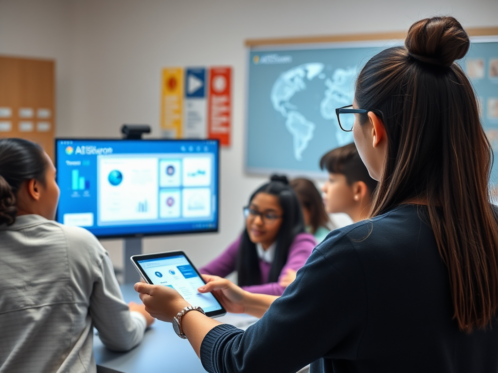 A student uses a tablet while engaged with a group around a digital display in a classroom setting.